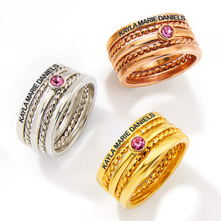 Silver Plated Engraved Birthstone Roped Stackable 5 Ring Set
