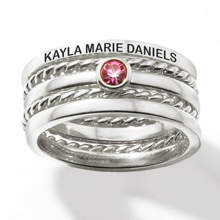 Silver Plated Engraved Birthstone Roped Stackable 5 Ring Set