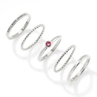Silver Plated Engraved Birthstone Roped Stackable 5 Ring Set
