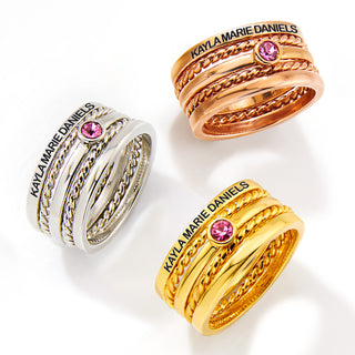 Gold Plated Engraved Birthstone Roped Stackable 5 Ring Set