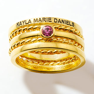 Gold Plated Engraved Birthstone Roped Stackable 5 Ring Set