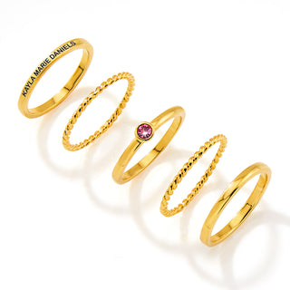 Gold Plated Engraved Birthstone Roped Stackable 5 Ring Set