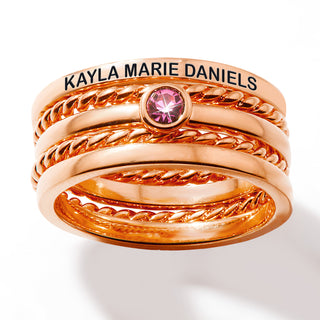 Rose Gold Plated Engraved Birthstone Roped Stackable 5 Ring Set