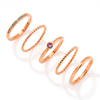 Rose Gold Plated Engraved Birthstone Roped Stackable 5 Ring Set