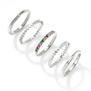 Silver Plated Personalized Family Birthstone Stackable 5 Ring Set
