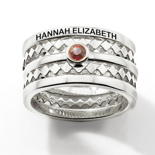 Silver Plated Engraved Birthstone Geometric Stackable 5 Ring Set