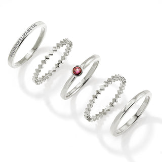 Silver Plated Engraved Birthstone Geometric Stackable 5 Ring Set