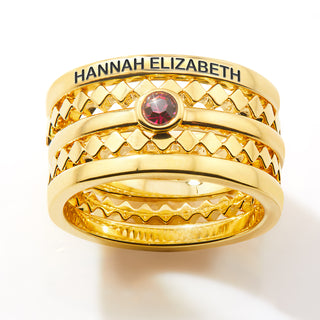 Gold Plated Engraved Birthstone Geometric Stackable 5 Ring Set