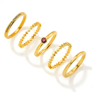 Gold Plated Engraved Birthstone Geometric Stackable 5 Ring Set