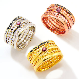 Rose Gold Plated Engraved Birthstone Geometric Stackable 5 Ring Set
