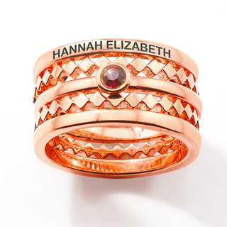 Rose Gold Plated Engraved Birthstone Geometric Stackable 5 Ring Set