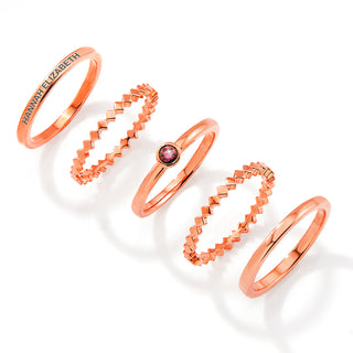 Rose Gold Plated Engraved Birthstone Geometric Stackable 5 Ring Set