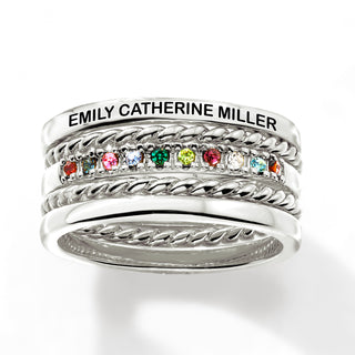 Silver Plated Personalized Family Birthstone Roped Stackable 5 Ring Set