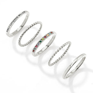 Silver Plated Personalized Family Birthstone Roped Stackable 5 Ring Set