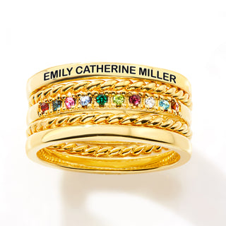 Gold Plated Personalized Family Birthstone Roped Stackable 5 Ring Set
