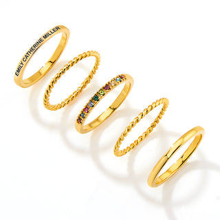 Gold Plated Personalized Family Birthstone Roped Stackable 5 Ring Set