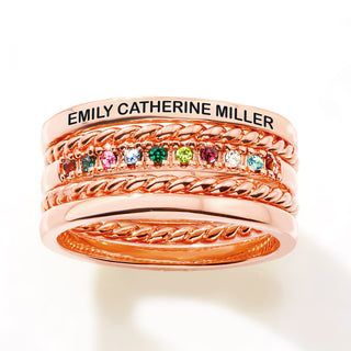 Rose Gold Plated Personalized Family Birthstone Roped Stackable 5 Ring Set