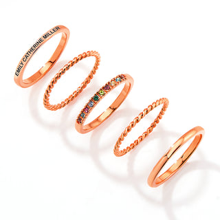 Rose Gold Plated Personalized Family Birthstone Roped Stackable 5 Ring Set