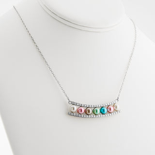 Silver Birthstone Pearl and Clear CZ Bar Necklace