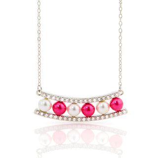 Silver Birthstone Pearl and Clear CZ Bar Necklace