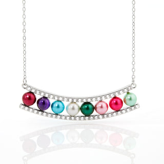 Silver Birthstone Pearl and Clear CZ Bar Necklace