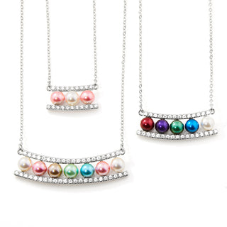 Silver Birthstone Pearl and Clear CZ Bar Necklace