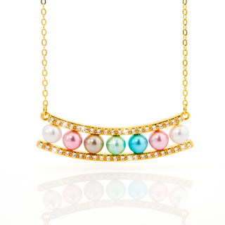 Gold Birthstone Pearl and Clear CZ Bar Necklace