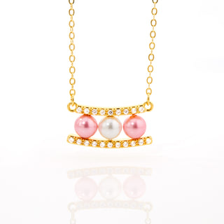 Gold Birthstone Pearl and Clear CZ Bar Necklace