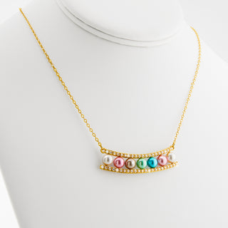 Gold Birthstone Pearl and Clear CZ Bar Necklace