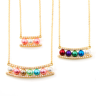 Gold Birthstone Pearl and Clear CZ Bar Necklace