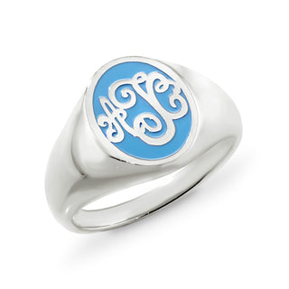 Silver Plated Birthmonth Enamel Script Monogram Signet Ring