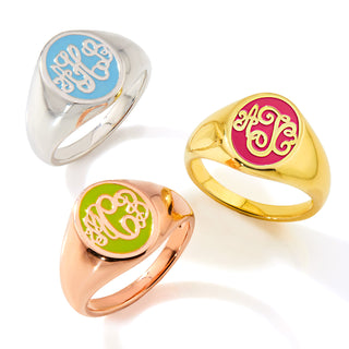 Gold Plated Birthmonth Enamel Script Monogram Signet Ring