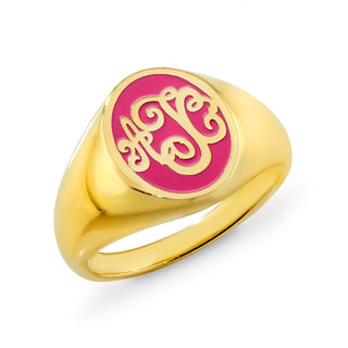 Gold Plated Birthmonth Enamel Script Monogram Signet Ring