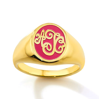 Gold Plated Birthmonth Enamel Script Monogram Signet Ring