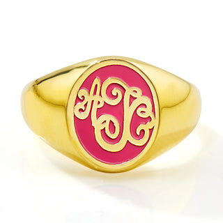 Gold Plated Birthmonth Enamel Script Monogram Signet Ring