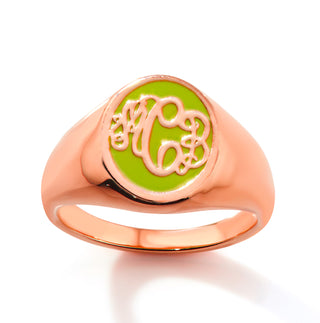 Rose Gold Plated Birthmonth Enamel Script Monogram Signet Ring