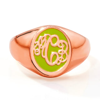 Rose Gold Plated Birthmonth Enamel Script Monogram Signet Ring