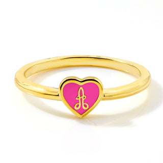 Gold Plated Petite Enamel Heart and Script Initial Ring