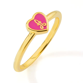 Gold Plated Petite Enamel Heart and Script Initial Ring