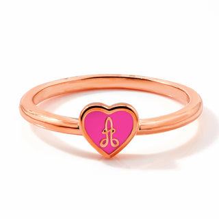 Rose Gold Plated Petite Enamel Heart and Script Initial Ring