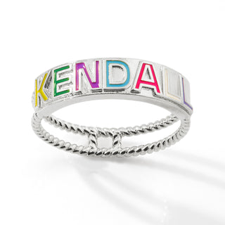 Silver Plated Enamel Name with Double Roped Band Ring