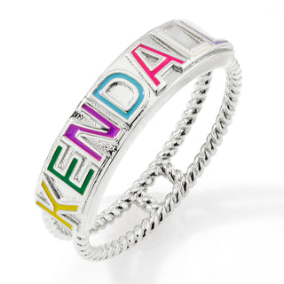 Silver Plated Enamel Name with Double Roped Band Ring