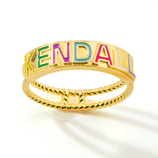 Gold Plated Enamel Name with Double Roped Band Ring
