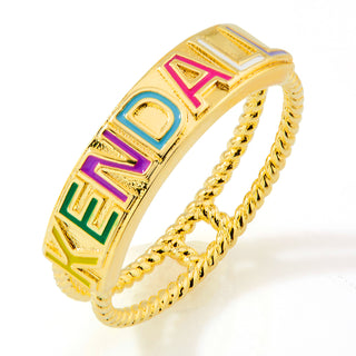 Gold Plated Enamel Name with Double Roped Band Ring