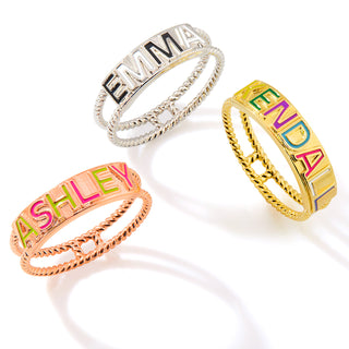 Gold Plated Enamel Name with Double Roped Band Ring