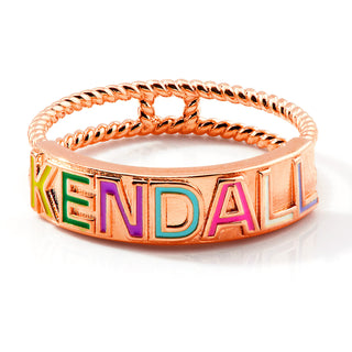 Rose Gold Plated Enamel Name with Double Roped Band Ring