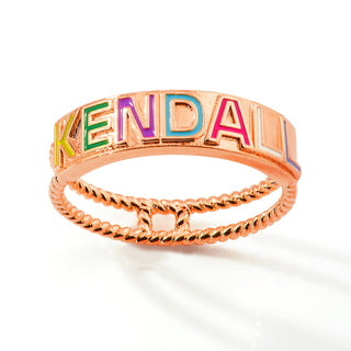 Rose Gold Plated Enamel Name with Double Roped Band Ring