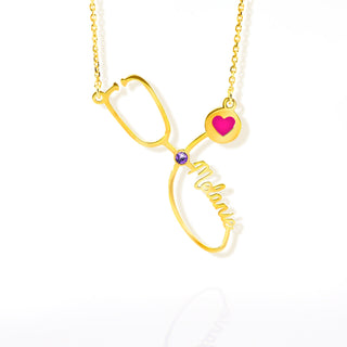 Sterling Silver Birthstone & Enamel Heart Script Name Stethoscope Necklace