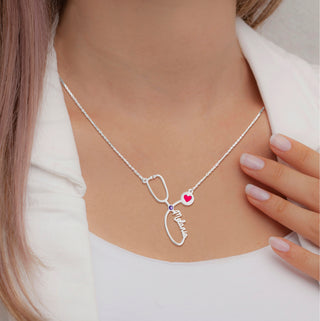 Sterling Silver Birthstone & Enamel Heart Script Name Stethoscope Necklace