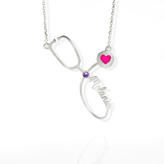 Sterling Silver Birthstone & Enamel Heart Script Name Stethoscope Necklace